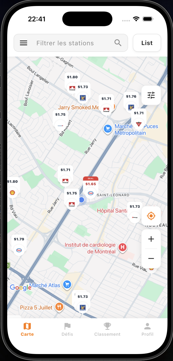 Aperçu de la carte GazGo avec les prix de l'essence